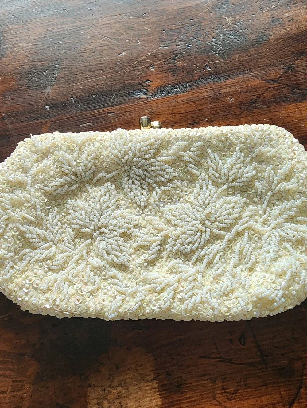 Vintage Evening Clutch Purse White Hand Beaded Hong Kong Wedding Prom DAMAGED